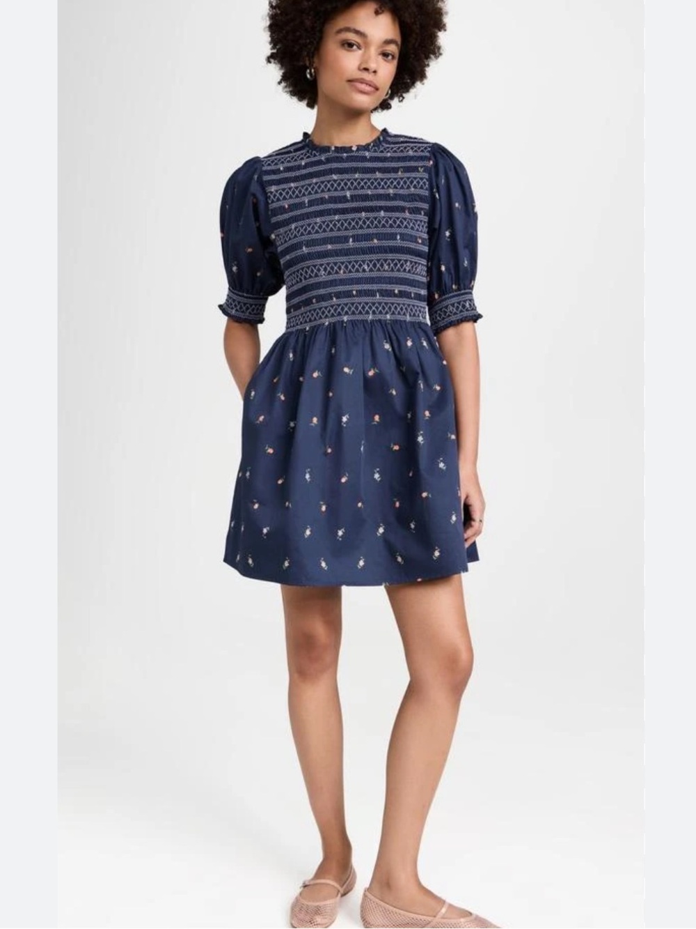 Hill house the Vivi Navy Embroidered Puff Sleeve Mini Dress